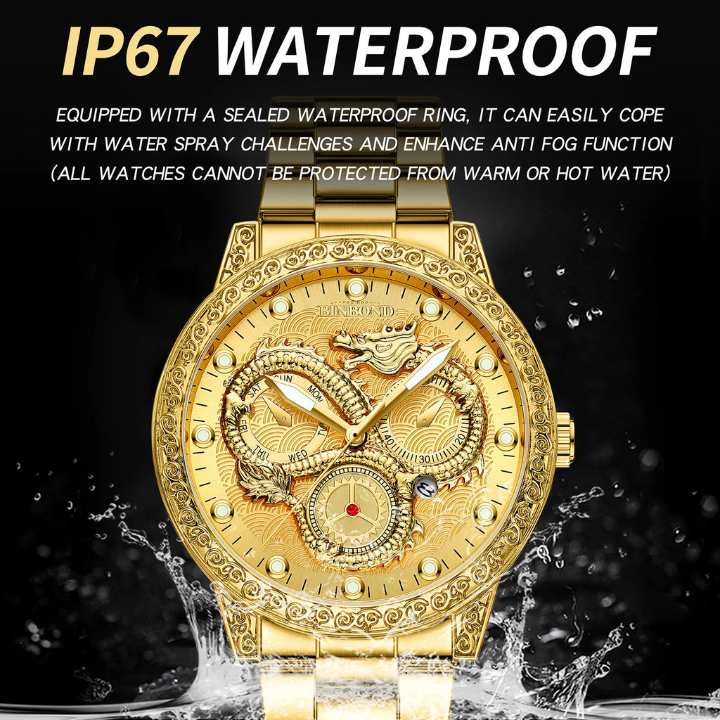 BINBOND Dragon vintage luxury quartz watches for men precise luminous waterproof auto date men's watch casual sturdy reloj