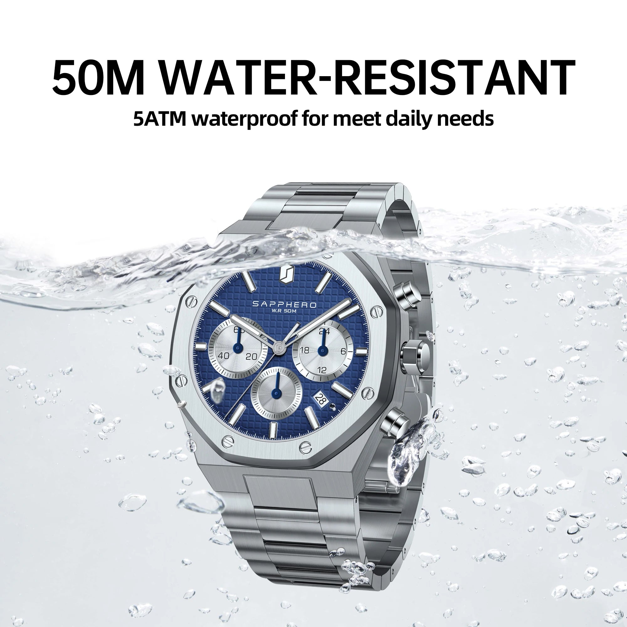 SAPPHERO Men's Watch Waterproof watch Chronograph function Date Glowing Hands Stainless Steel Watch Business  Watch For Men Gift