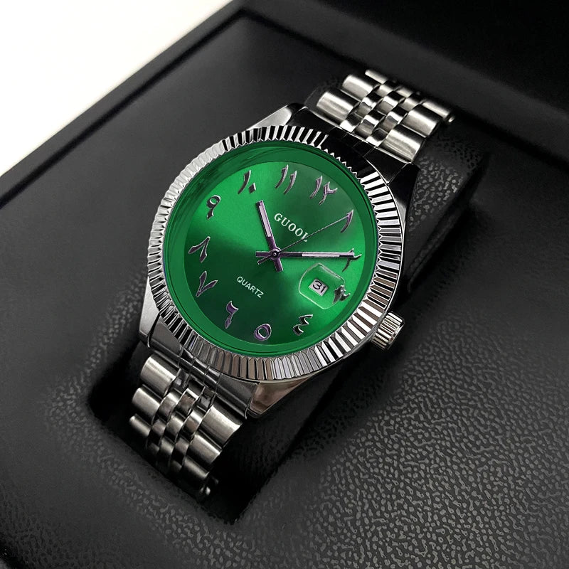 New Hot-Selling Men's Stainless Steel Five-Link Steel Band Watch with Arabic Numerals, Business Style, Round Case, Calendar Display Function, Valentine's Day Gift, Father's Day Gift, Holiday Gift, Halloween Gift