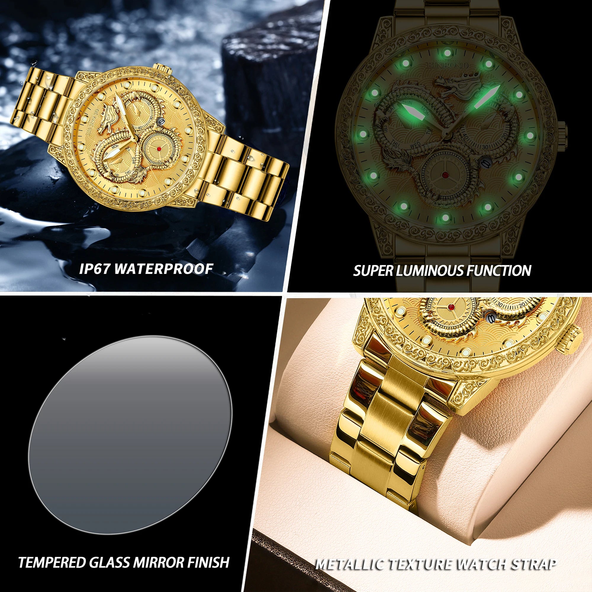 BINBOND Dragon vintage luxury quartz watches for men precise luminous waterproof auto date men's watch casual sturdy reloj