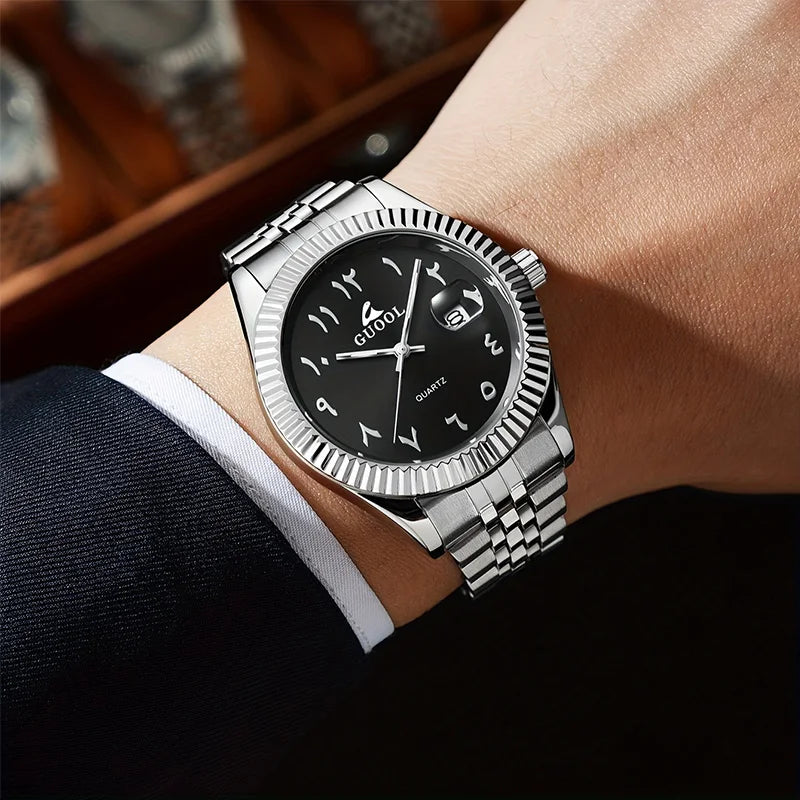 New Hot-Selling Men's Stainless Steel Five-Link Steel Band Watch with Arabic Numerals, Business Style, Round Case, Calendar Display Function, Valentine's Day Gift, Father's Day Gift, Holiday Gift, Halloween Gift