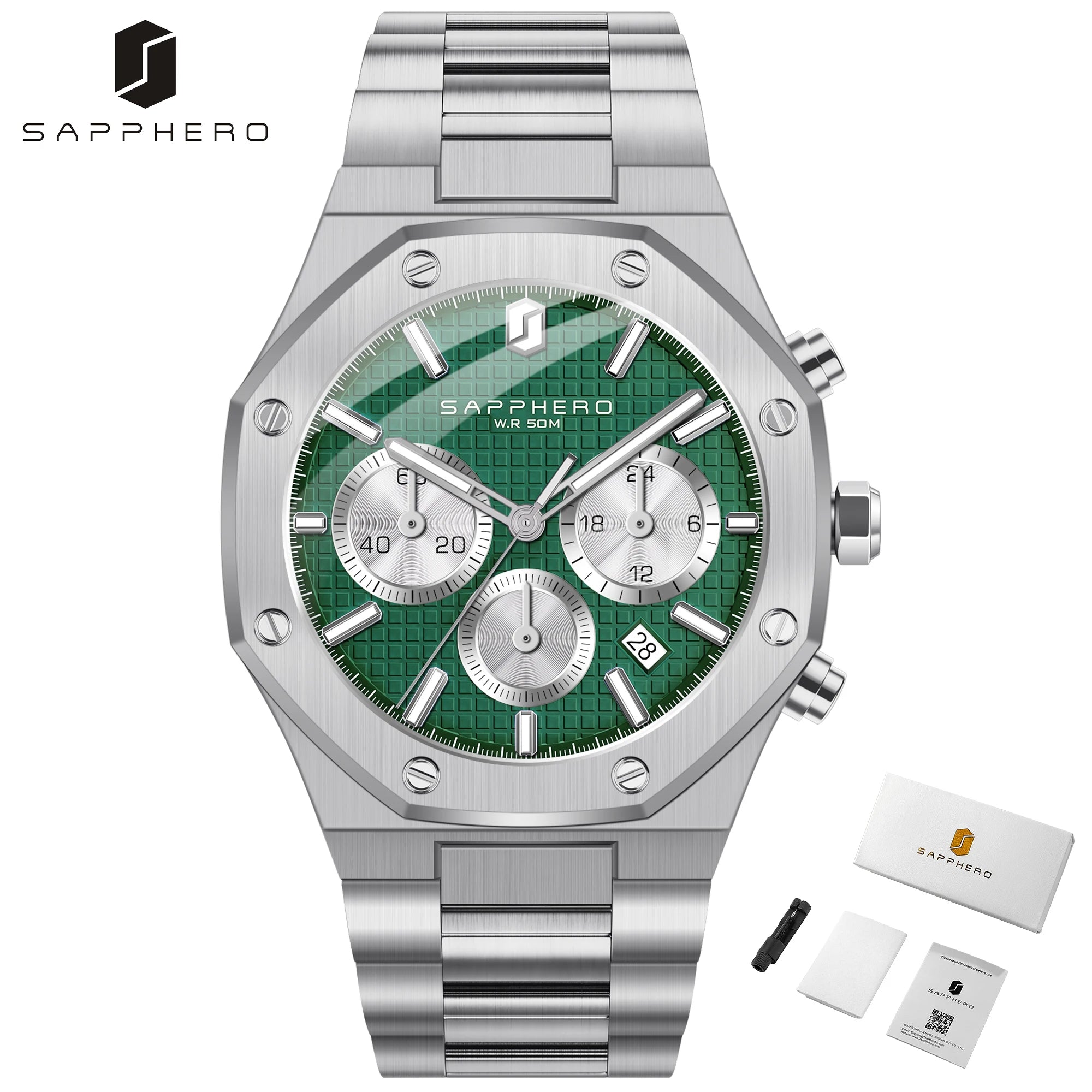 SAPPHERO Men's Watch Waterproof watch Chronograph function Date Glowing Hands Stainless Steel Watch Business  Watch For Men Gift