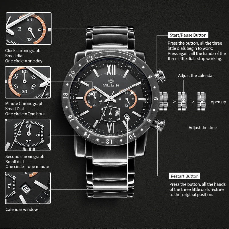 MEGIR Stainless Steel Casual Watches for Men Waterproof Luminous Dial Man Quartz Business Wristwatch with Chronograph Auto Date