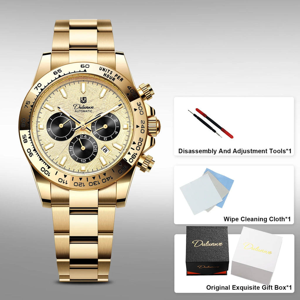 Dulunwe Men's Automatic Mechanical Watch Multi-Function Chronograph Small Dial Design Month Week 24 Hours Date