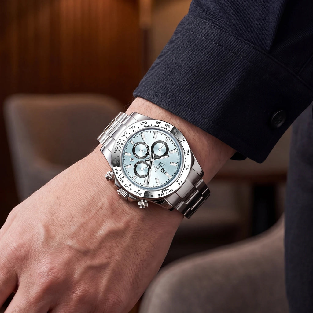 Dulunwe Men's Automatic Mechanical Watch Multi-Function Chronograph Small Dial Design Month Week 24 Hours Date