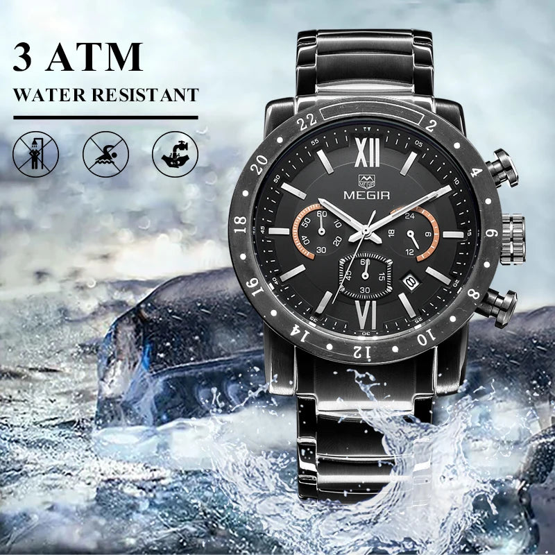 MEGIR Stainless Steel Casual Watches for Men Waterproof Luminous Dial Man Quartz Business Wristwatch with Chronograph Auto Date