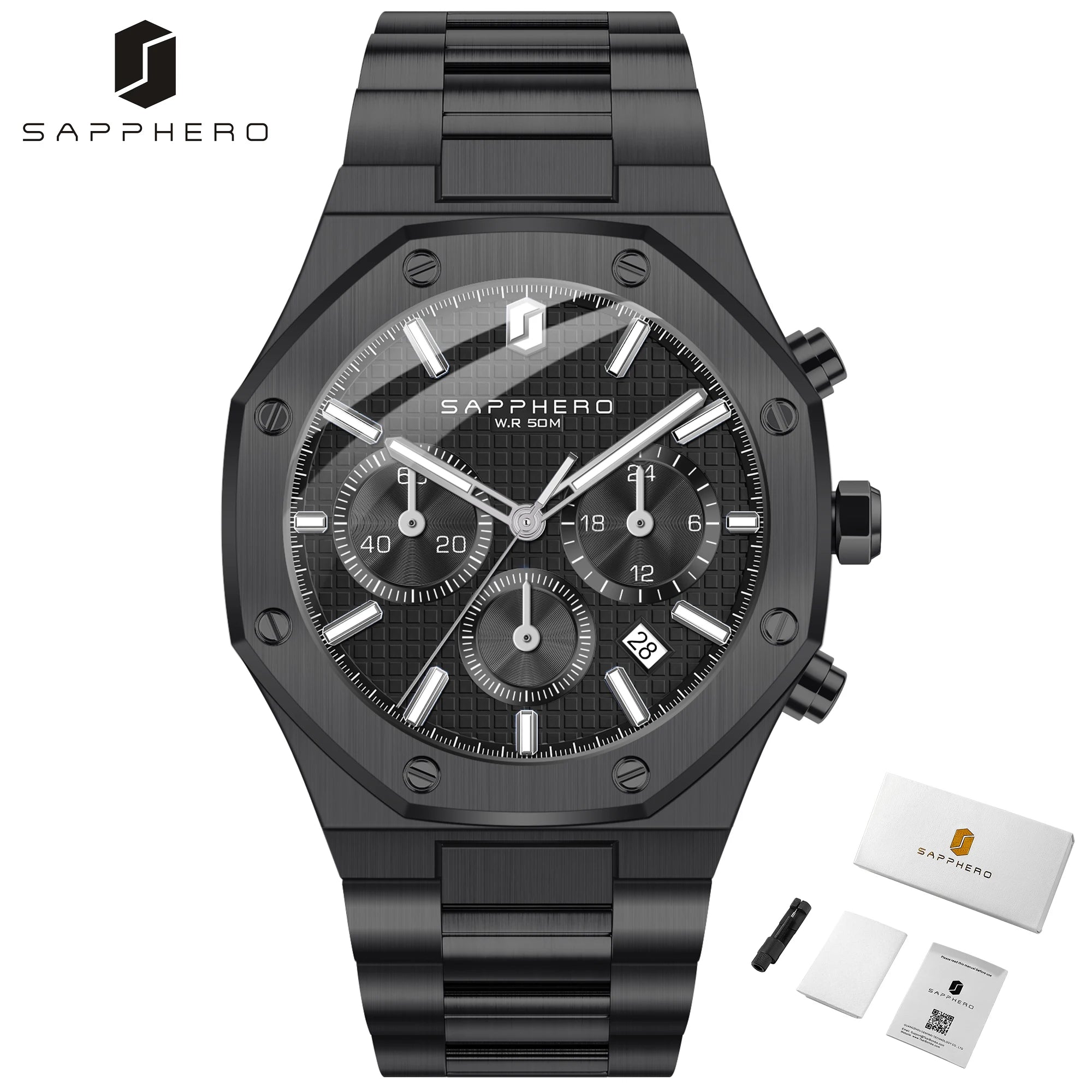 SAPPHERO Men's Watch Waterproof watch Chronograph function Date Glowing Hands Stainless Steel Watch Business  Watch For Men Gift