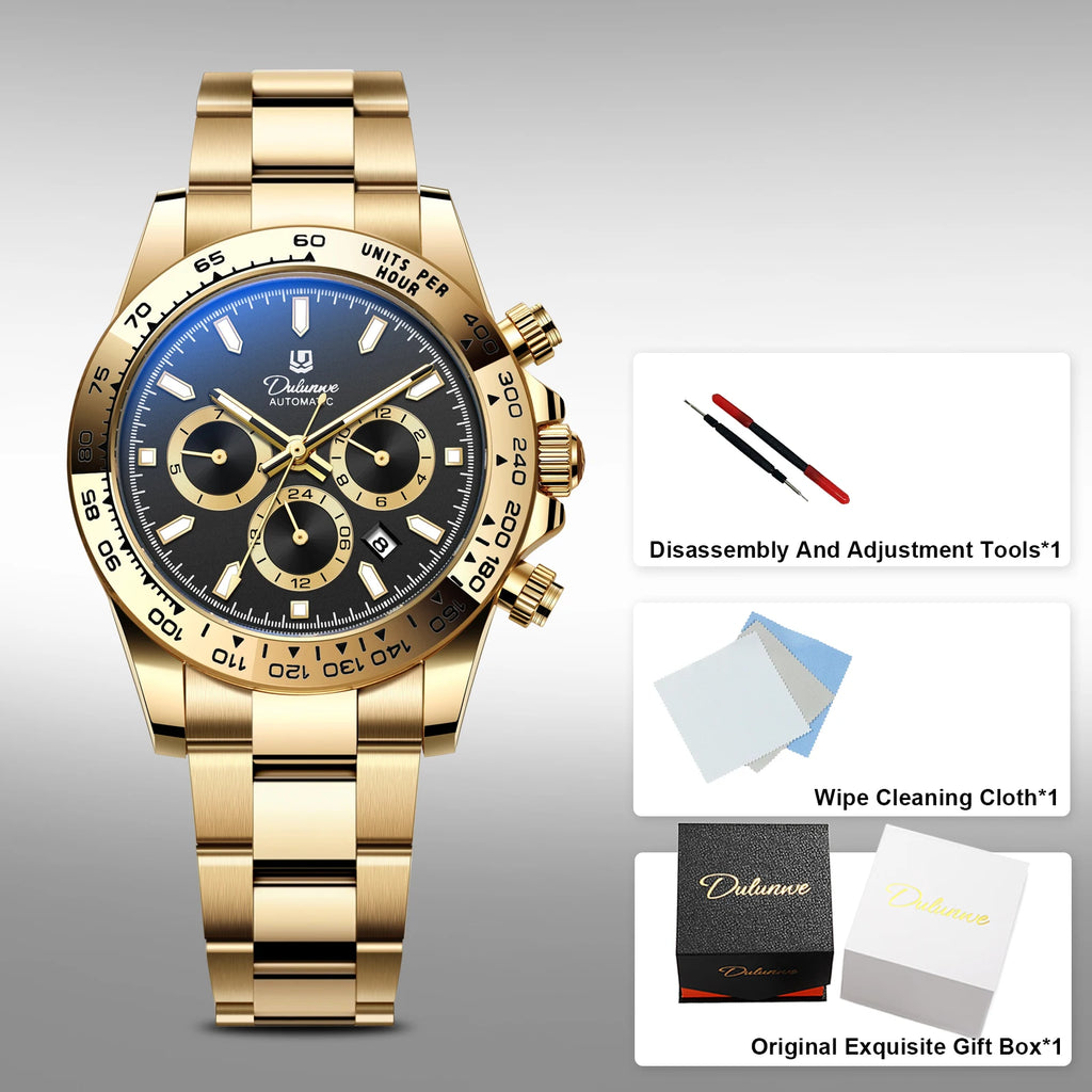 Dulunwe Men's Automatic Mechanical Watch Multi-Function Chronograph Small Dial Design Month Week 24 Hours Date