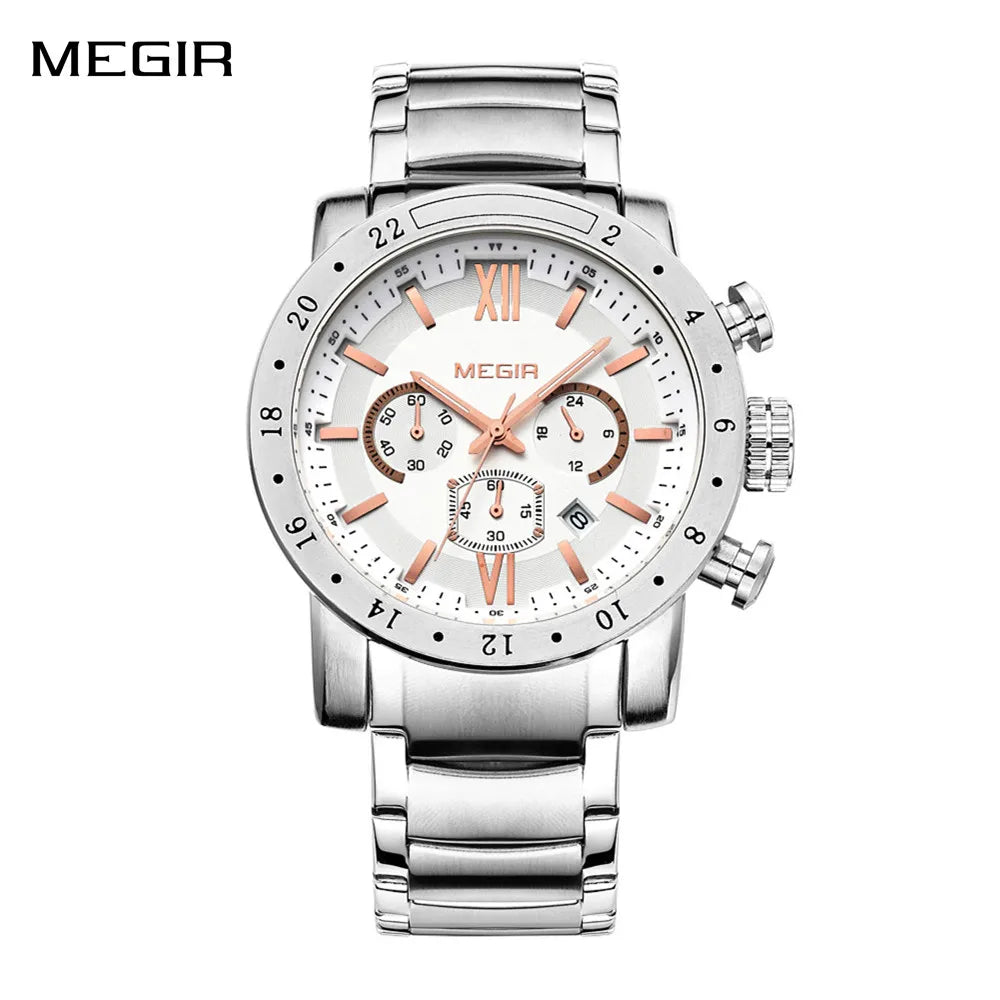 MEGIR Stainless Steel Casual Watches for Men Waterproof Luminous Dial Man Quartz Business Wristwatch with Chronograph Auto Date