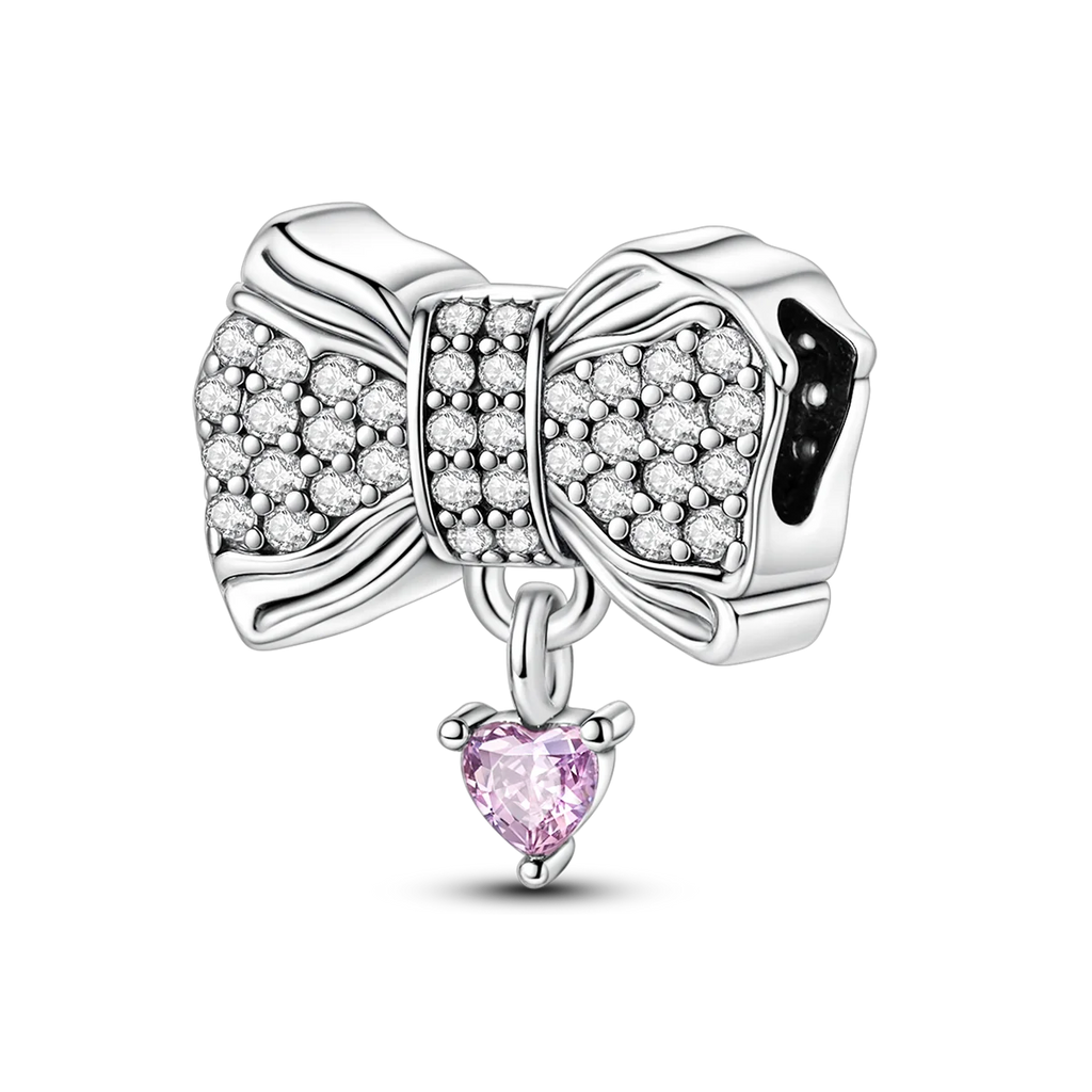 Silver Bow Charms 925 Sterling Silver Pink Heart-shaped Bow Pendants Charms Beads Fit Original S925 Bangle Bracelets DIY Jewelry