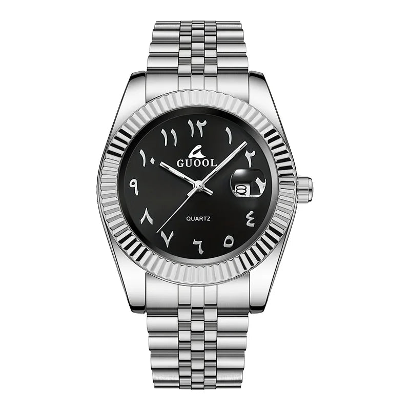 New Hot-Selling Men's Stainless Steel Five-Link Steel Band Watch with Arabic Numerals, Business Style, Round Case, Calendar Display Function, Valentine's Day Gift, Father's Day Gift, Holiday Gift, Halloween Gift