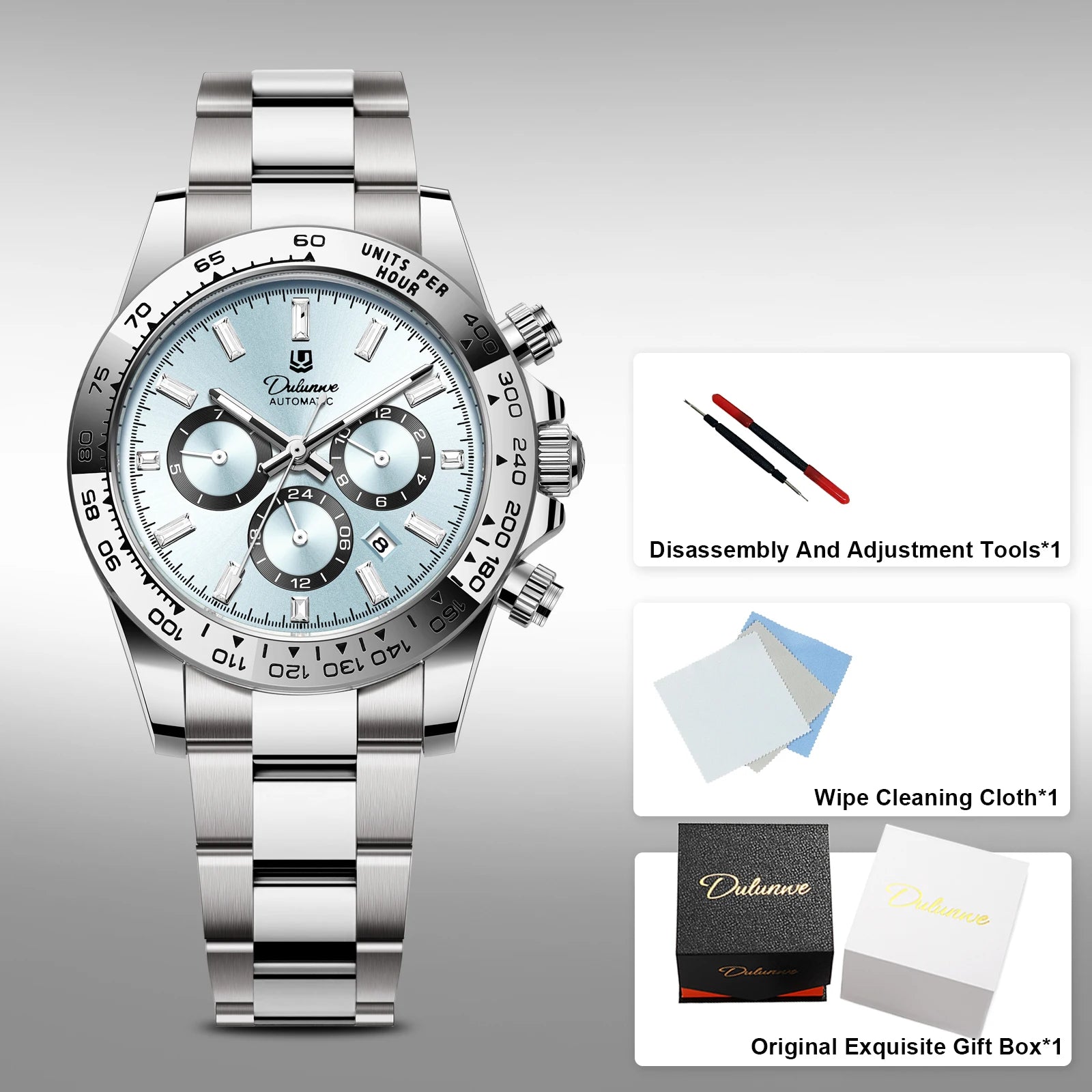 Dulunwe Men's Automatic Mechanical Watch Multi-Function Chronograph Small Dial Design Month Week 24 Hours Date