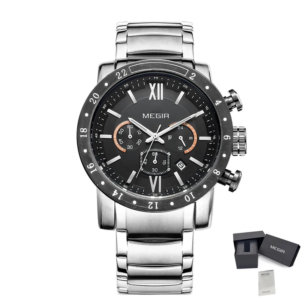 MEGIR Stainless Steel Casual Watches for Men Waterproof Luminous Dial Man Quartz Business Wristwatch with Chronograph Auto Date