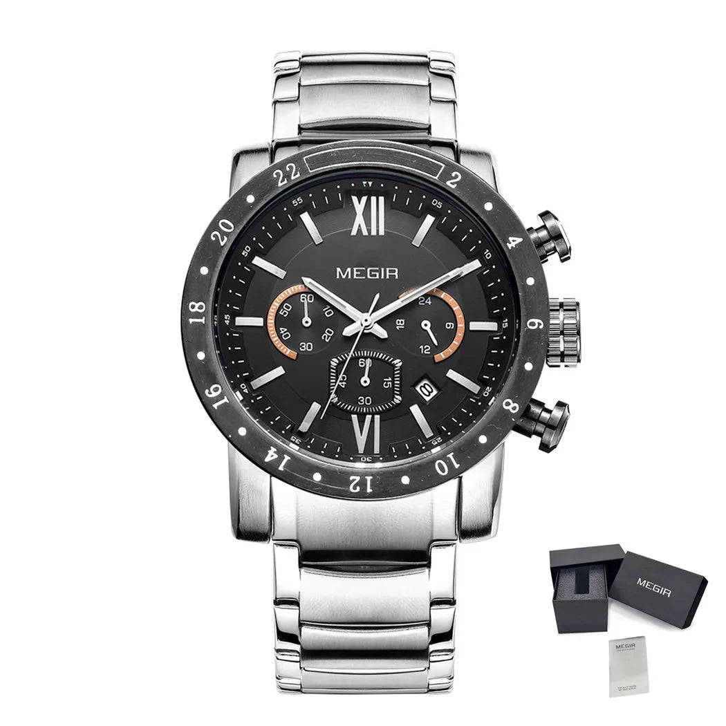 MEGIR Stainless Steel Casual Watches for Men Waterproof Luminous Dial Man Quartz Business Wristwatch with Chronograph Auto Date
