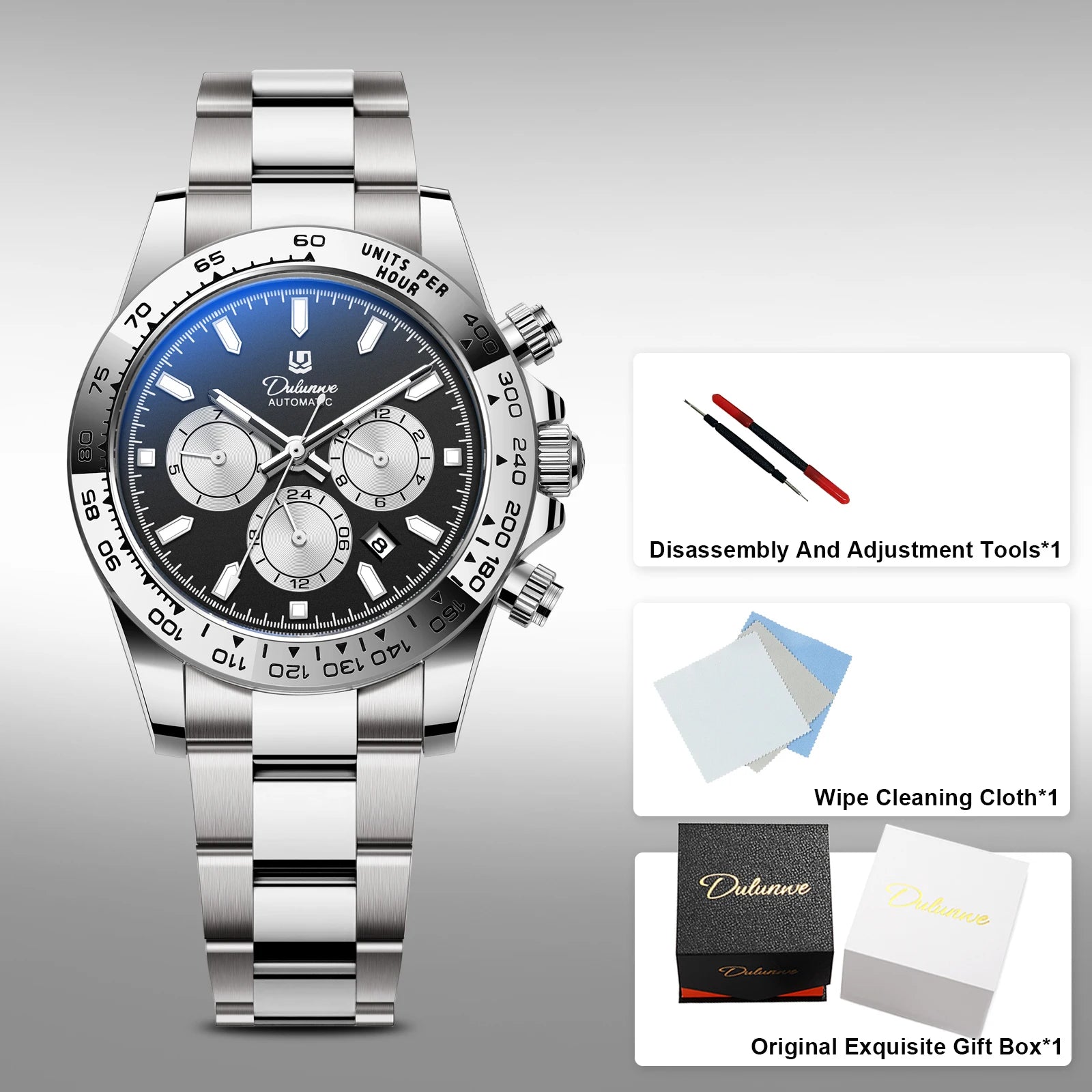 Dulunwe Men's Automatic Mechanical Watch Multi-Function Chronograph Small Dial Design Month Week 24 Hours Date