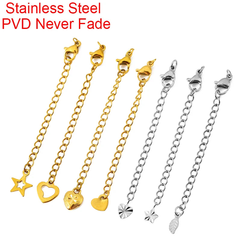 10pcs PVD Never Fade Stainless Steel Extender Extension Chain Extended Tail Chains Lobster Clasps For Necklace Jewelry Making