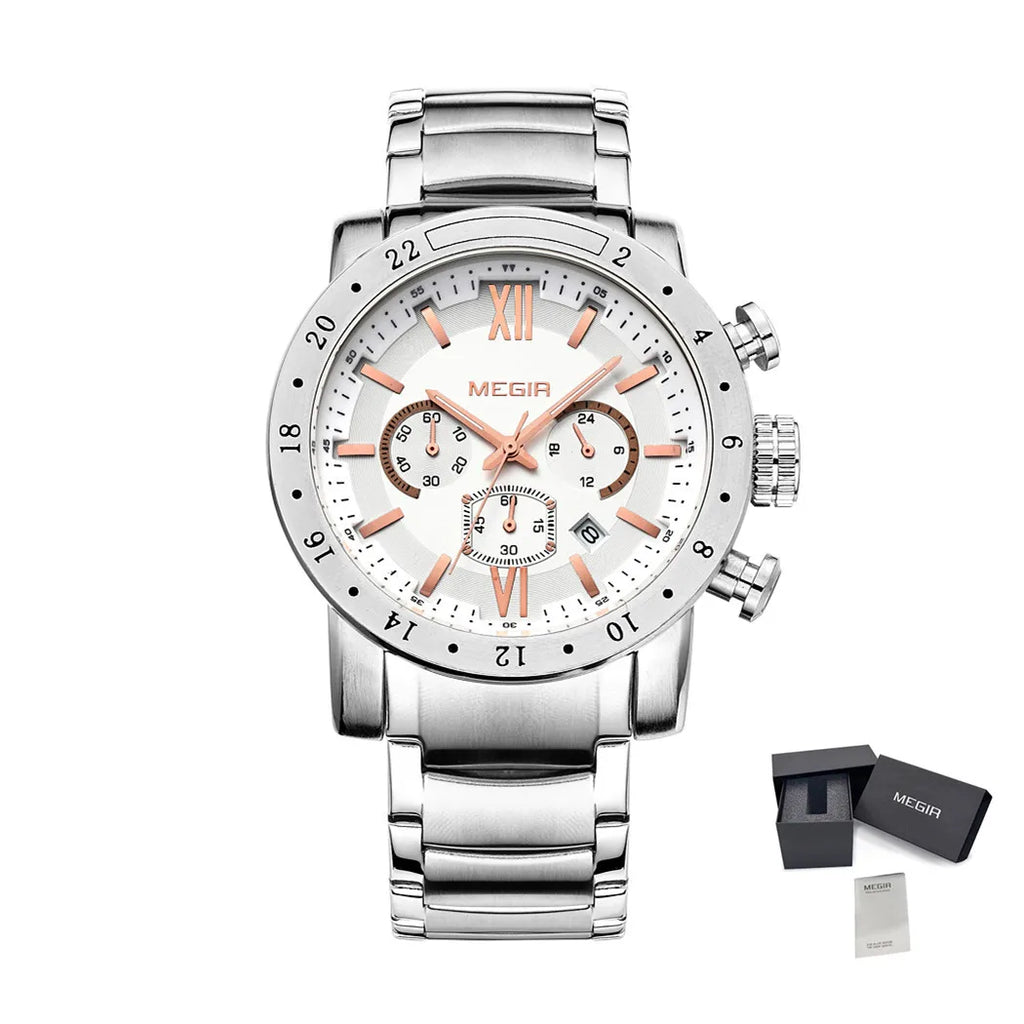 MEGIR Stainless Steel Casual Watches for Men Waterproof Luminous Dial Man Quartz Business Wristwatch with Chronograph Auto Date