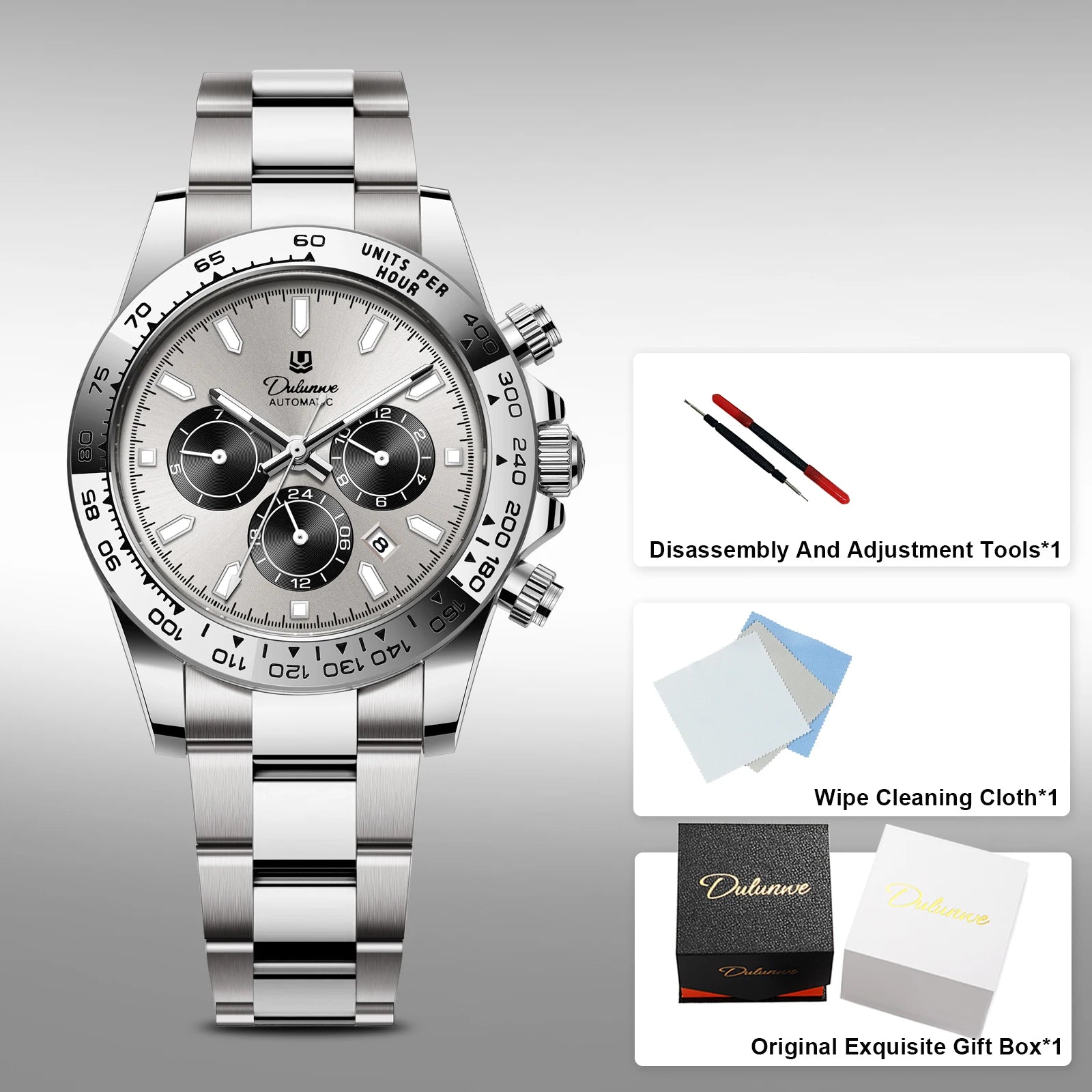 Dulunwe Men's Automatic Mechanical Watch Multi-Function Chronograph Small Dial Design Month Week 24 Hours Date