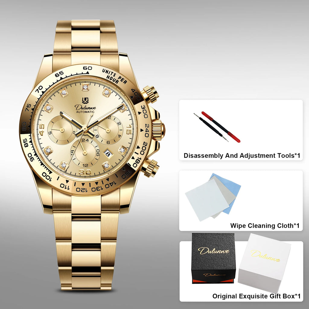 Dulunwe Men's Automatic Mechanical Watch Multi-Function Chronograph Small Dial Design Month Week 24 Hours Date