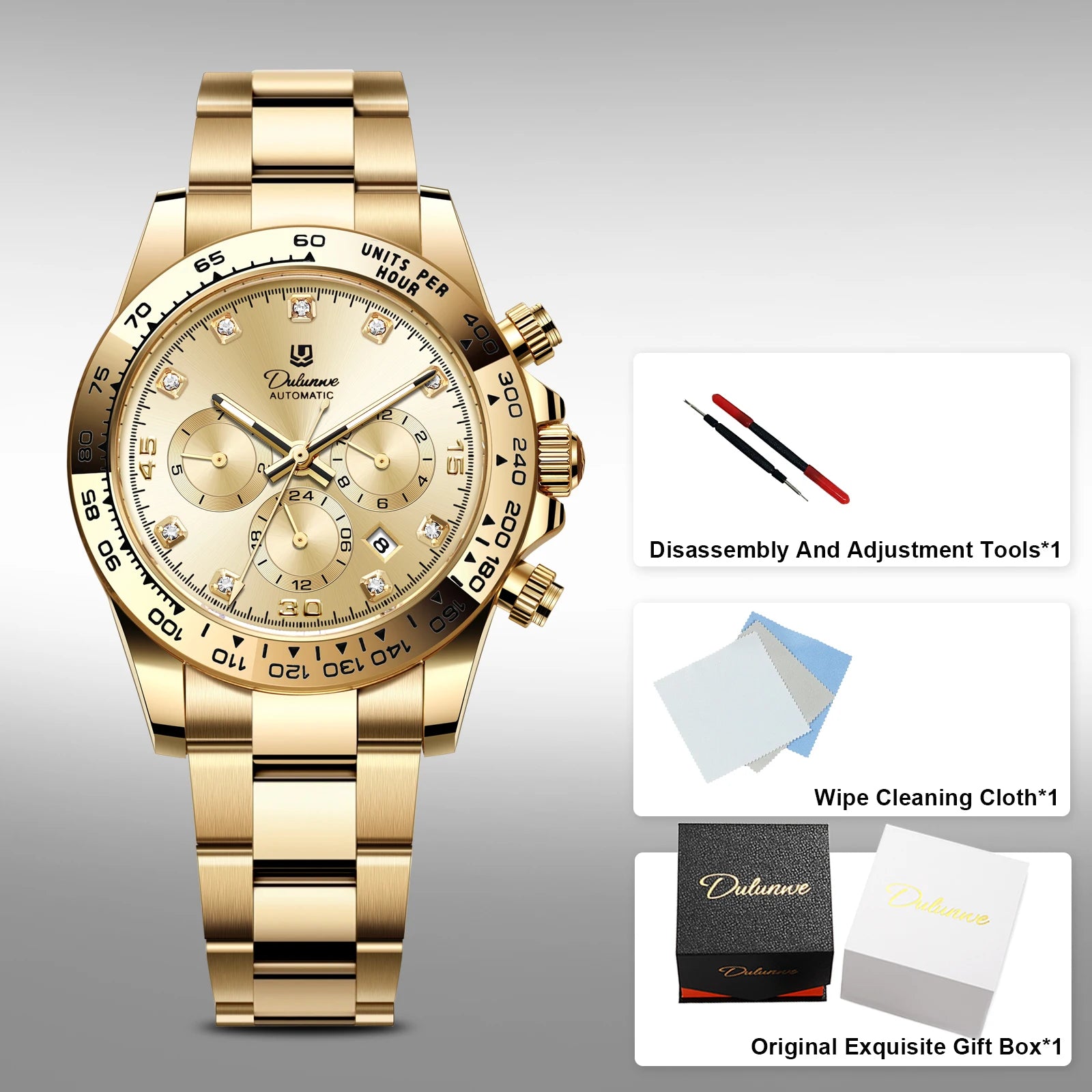 Dulunwe Men's Automatic Mechanical Watch Multi-Function Chronograph Small Dial Design Month Week 24 Hours Date