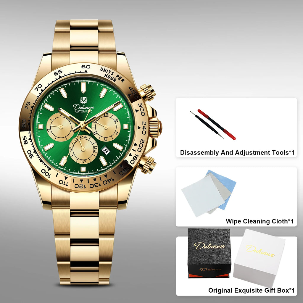 Dulunwe Men's Automatic Mechanical Watch Multi-Function Chronograph Small Dial Design Month Week 24 Hours Date