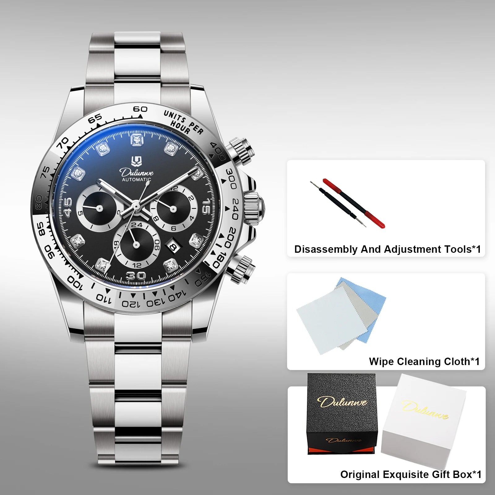 Dulunwe Men's Automatic Mechanical Watch Multi-Function Chronograph Small Dial Design Month Week 24 Hours Date
