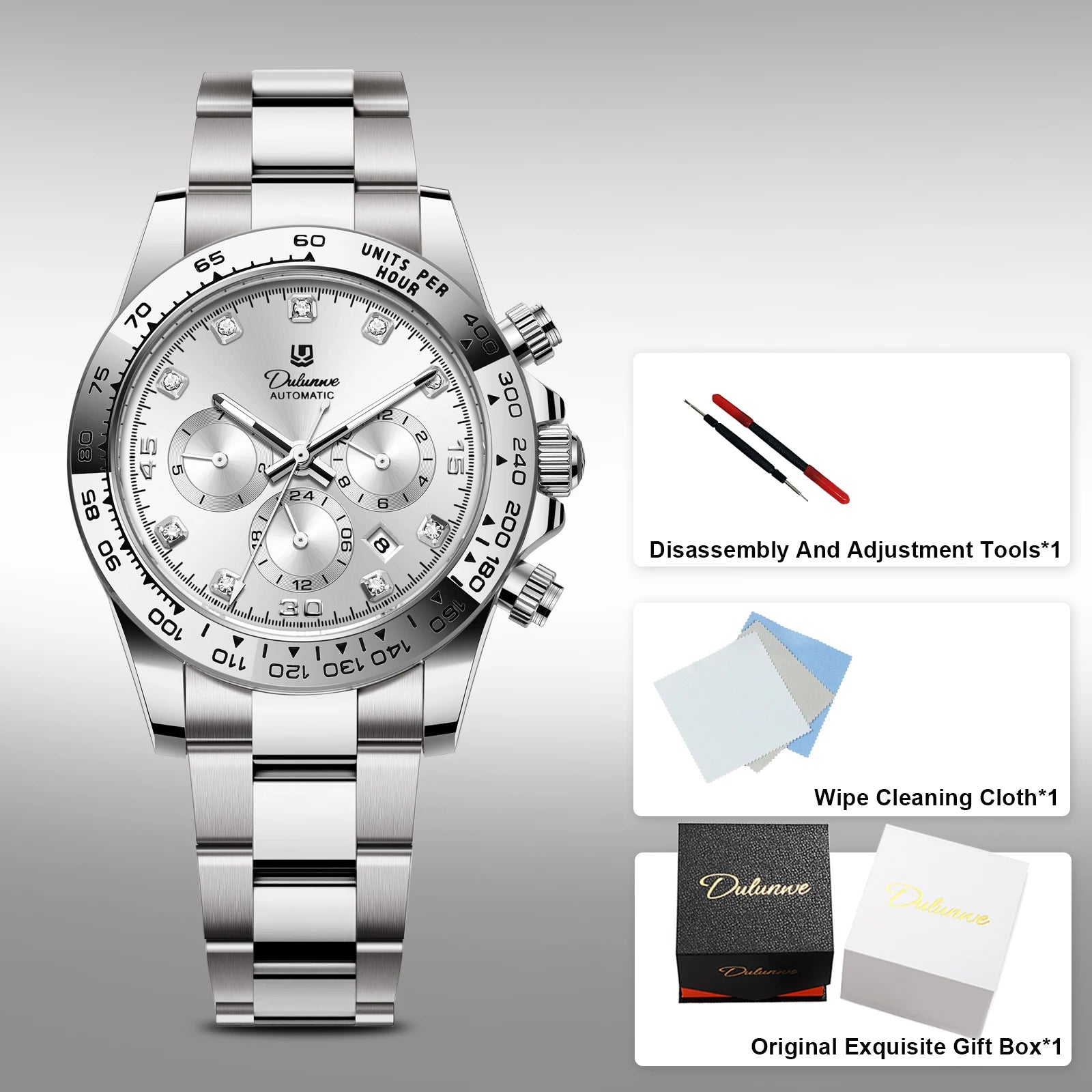 Dulunwe Men's Automatic Mechanical Watch Multi-Function Chronograph Small Dial Design Month Week 24 Hours Date