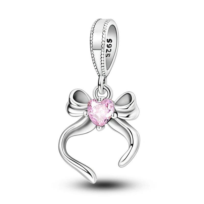 Silver Bow Charms 925 Sterling Silver Pink Heart-shaped Bow Pendants Charms Beads Fit Original S925 Bangle Bracelets DIY Jewelry