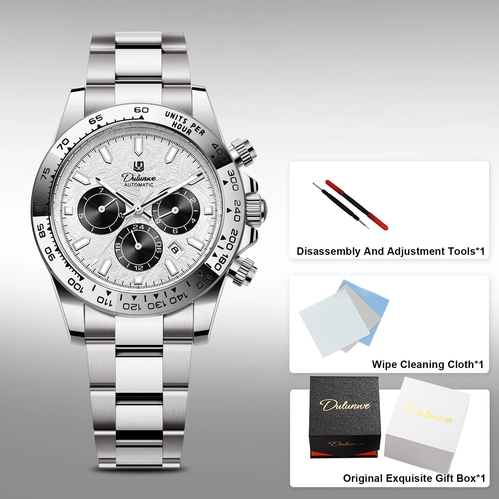 Dulunwe Men's Automatic Mechanical Watch Multi-Function Chronograph Small Dial Design Month Week 24 Hours Date