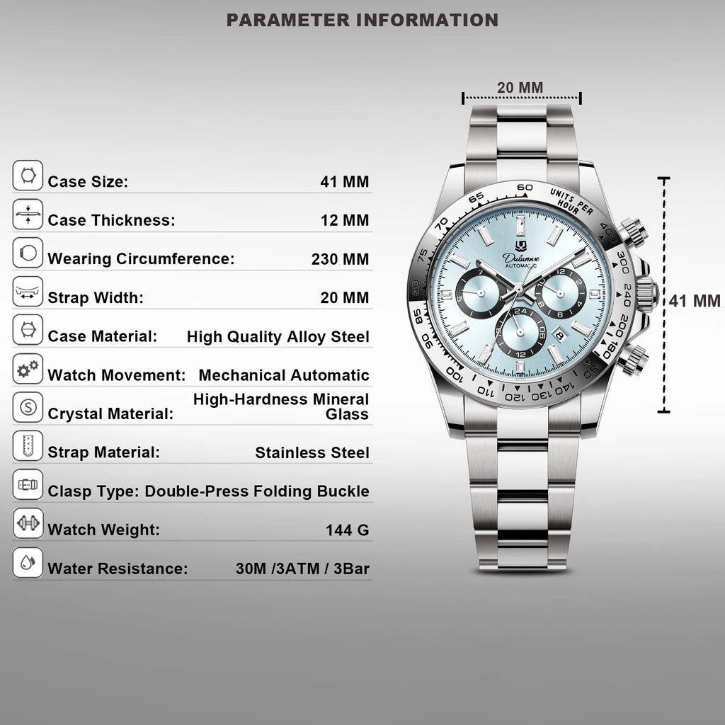 Dulunwe Men's Automatic Mechanical Watch Multi-Function Chronograph Small Dial Design Month Week 24 Hours Date
