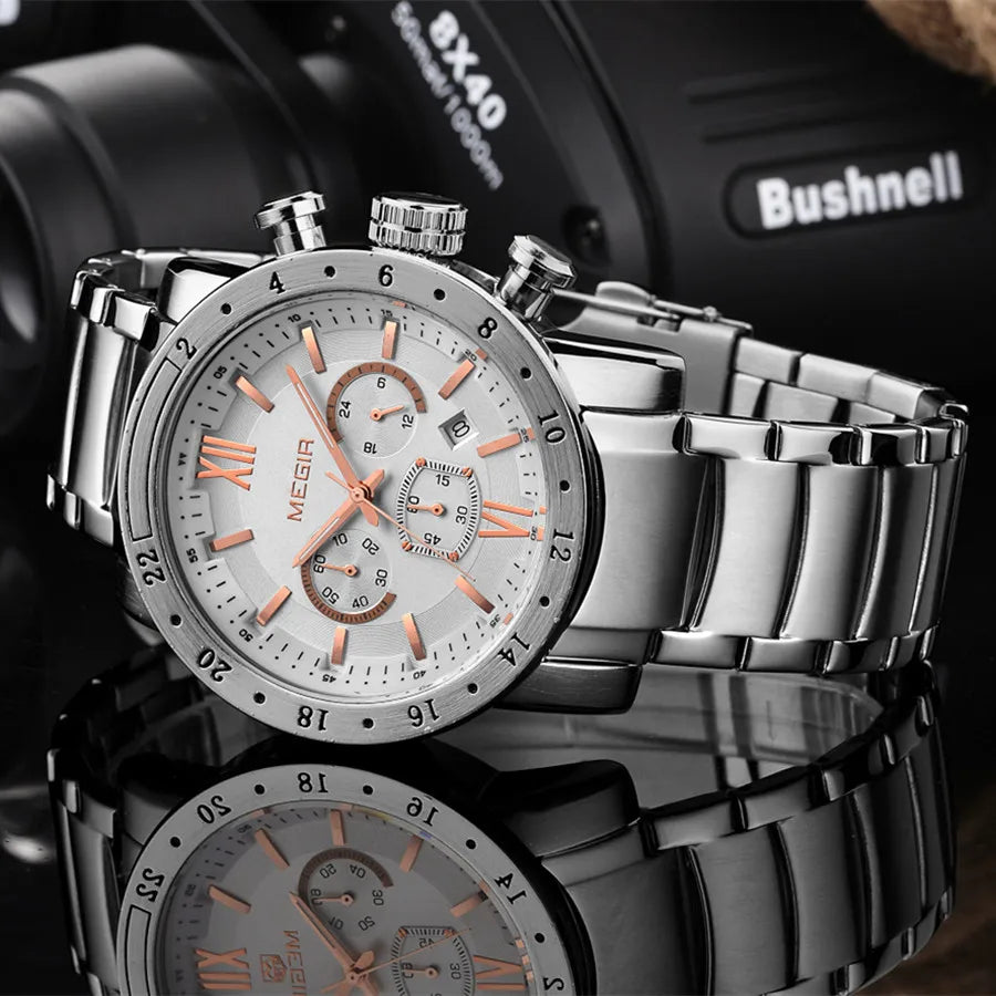 MEGIR Stainless Steel Casual Watches for Men Waterproof Luminous Dial Man Quartz Business Wristwatch with Chronograph Auto Date