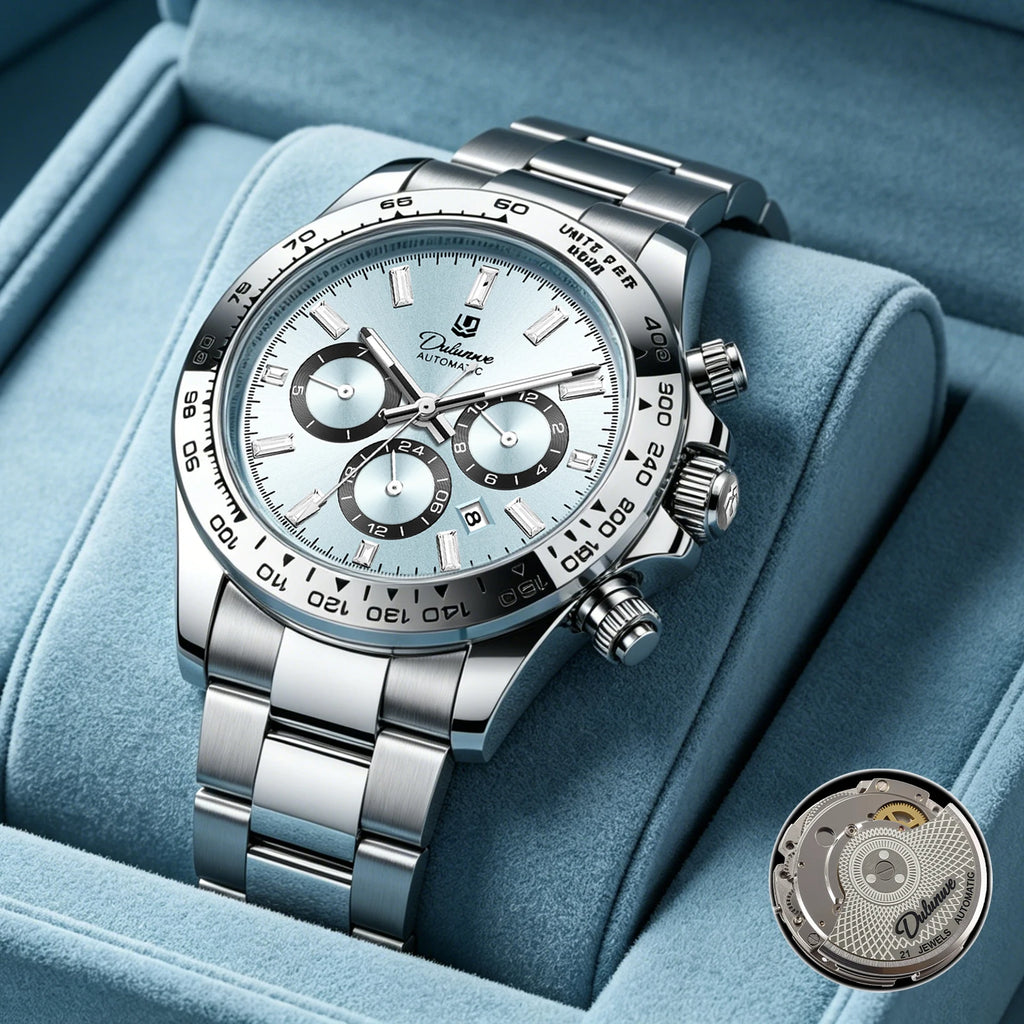 Dulunwe Men's Automatic Mechanical Watch Multi-Function Chronograph Small Dial Design Month Week 24 Hours Date
