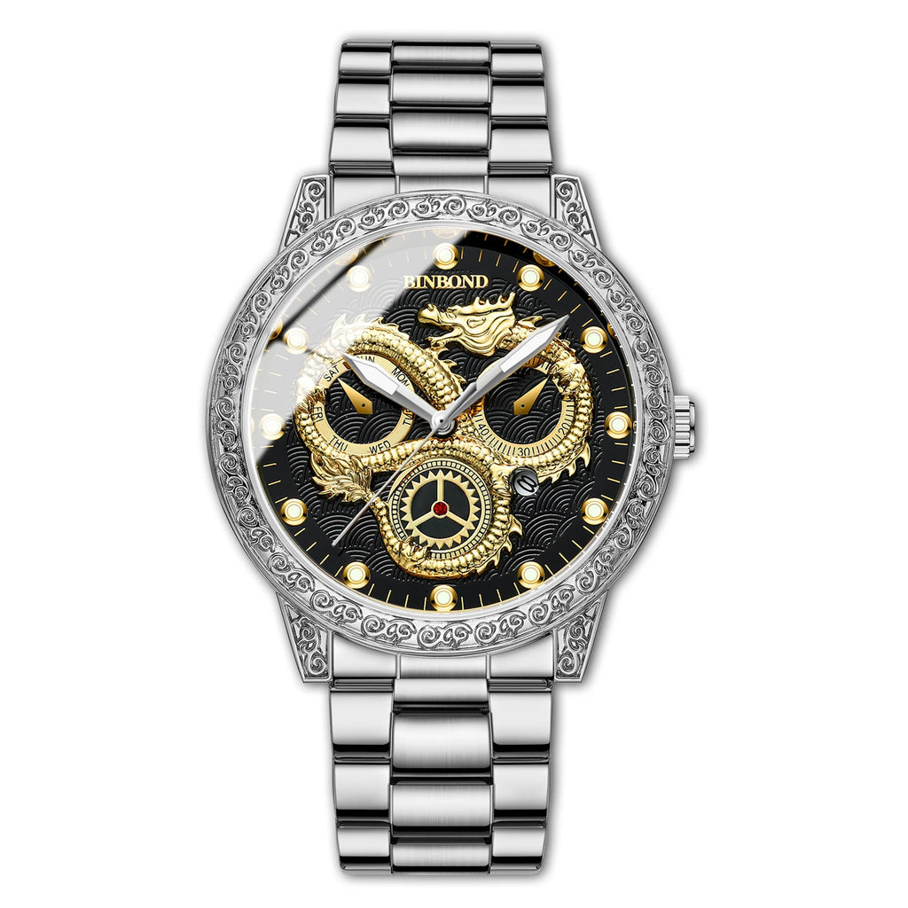 BINBOND Dragon vintage luxury quartz watches for men precise luminous waterproof auto date men's watch casual sturdy reloj