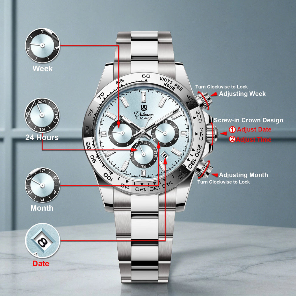 Dulunwe Men's Automatic Mechanical Watch Multi-Function Chronograph Small Dial Design Month Week 24 Hours Date