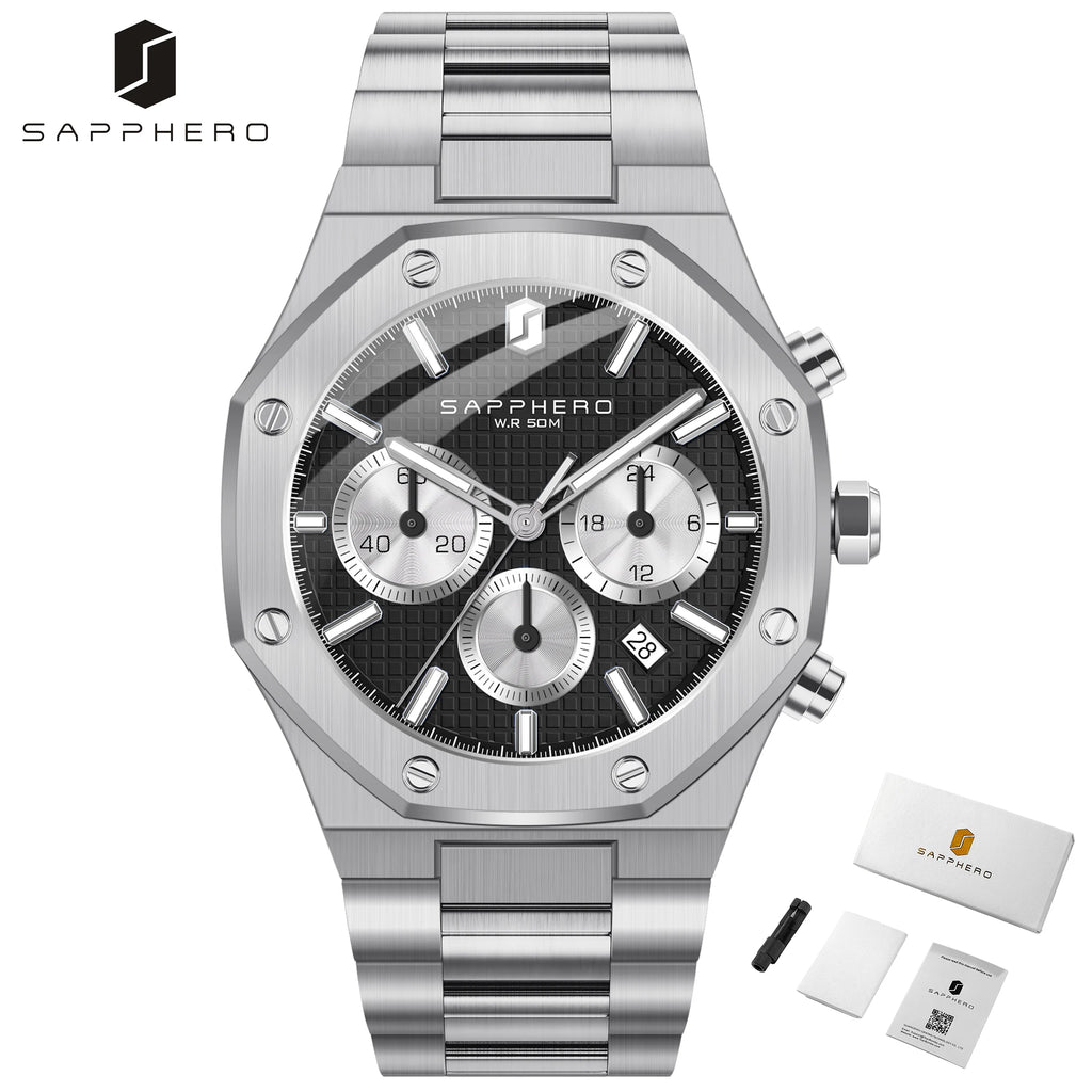 SAPPHERO Men's Watch Waterproof watch Chronograph function Date Glowing Hands Stainless Steel Watch Business  Watch For Men Gift