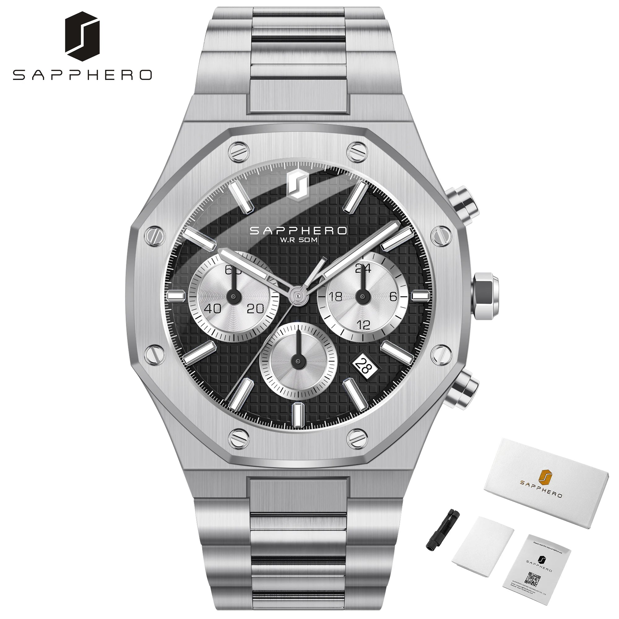 SAPPHERO Men's Watch Waterproof watch Chronograph function Date Glowing Hands Stainless Steel Watch Business  Watch For Men Gift