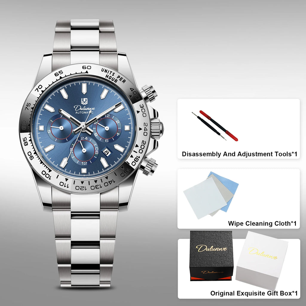 Dulunwe Men's Automatic Mechanical Watch Multi-Function Chronograph Small Dial Design Month Week 24 Hours Date
