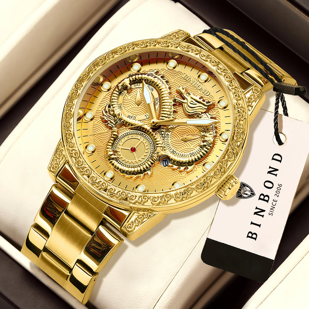 BINBOND Dragon vintage luxury quartz watches for men precise luminous waterproof auto date men's watch casual sturdy reloj
