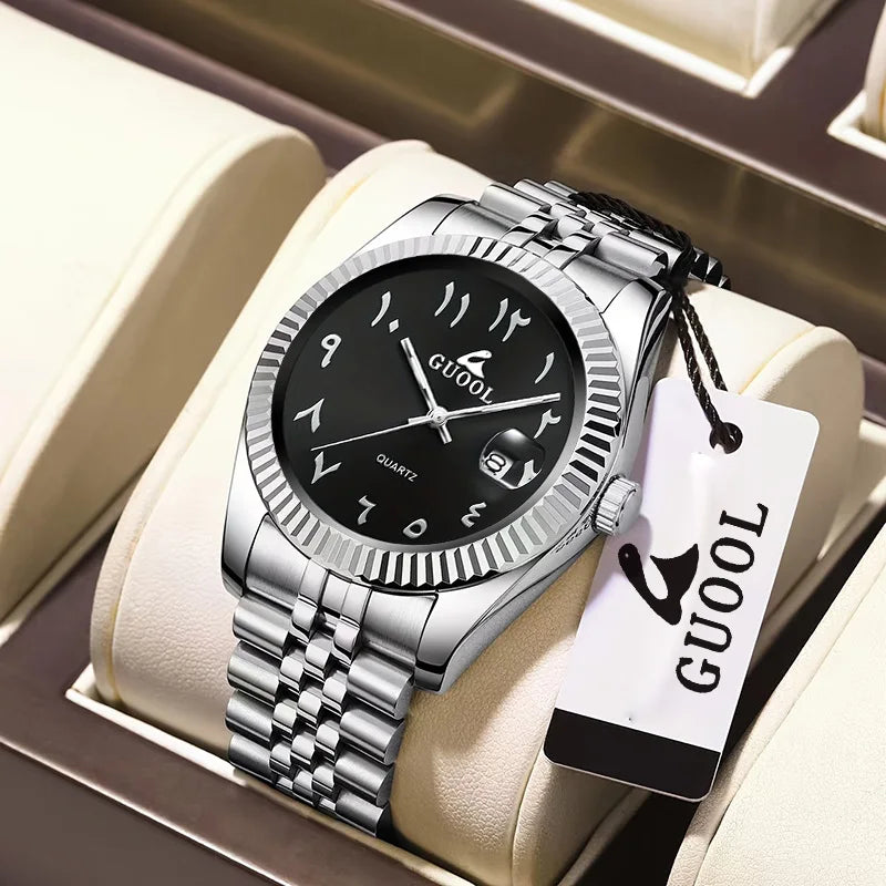 New Hot-Selling Men's Stainless Steel Five-Link Steel Band Watch with Arabic Numerals, Business Style, Round Case, Calendar Display Function, Valentine's Day Gift, Father's Day Gift, Holiday Gift, Halloween Gift