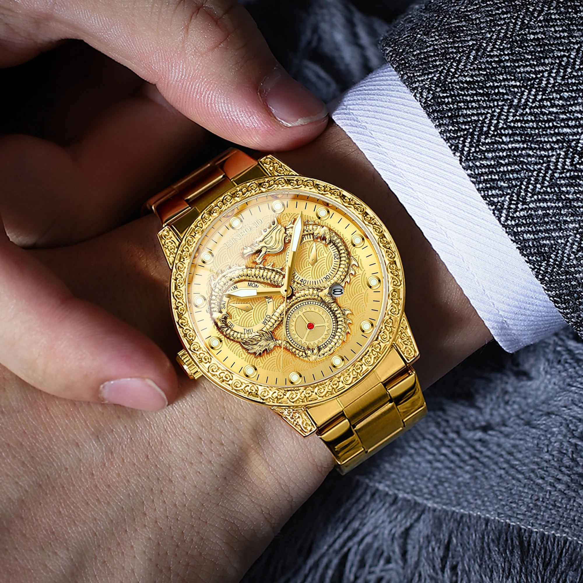 BINBOND Dragon vintage luxury quartz watches for men precise luminous waterproof auto date men's watch casual sturdy reloj